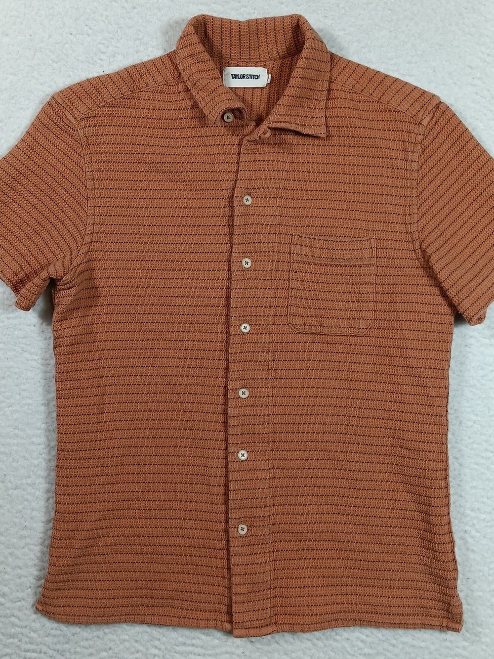Taylor Stitch Camp Shirt Mens 38 Orange The Hawthorne Short Sleeve Waffle Knit